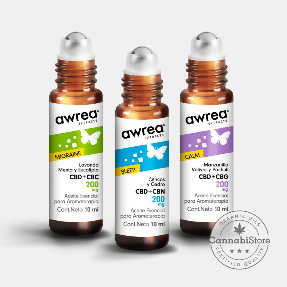 Aceites esenciales con CBD, kit bienestar total de Awrea con 3 envases con aplicador de roll on y etiqueta.