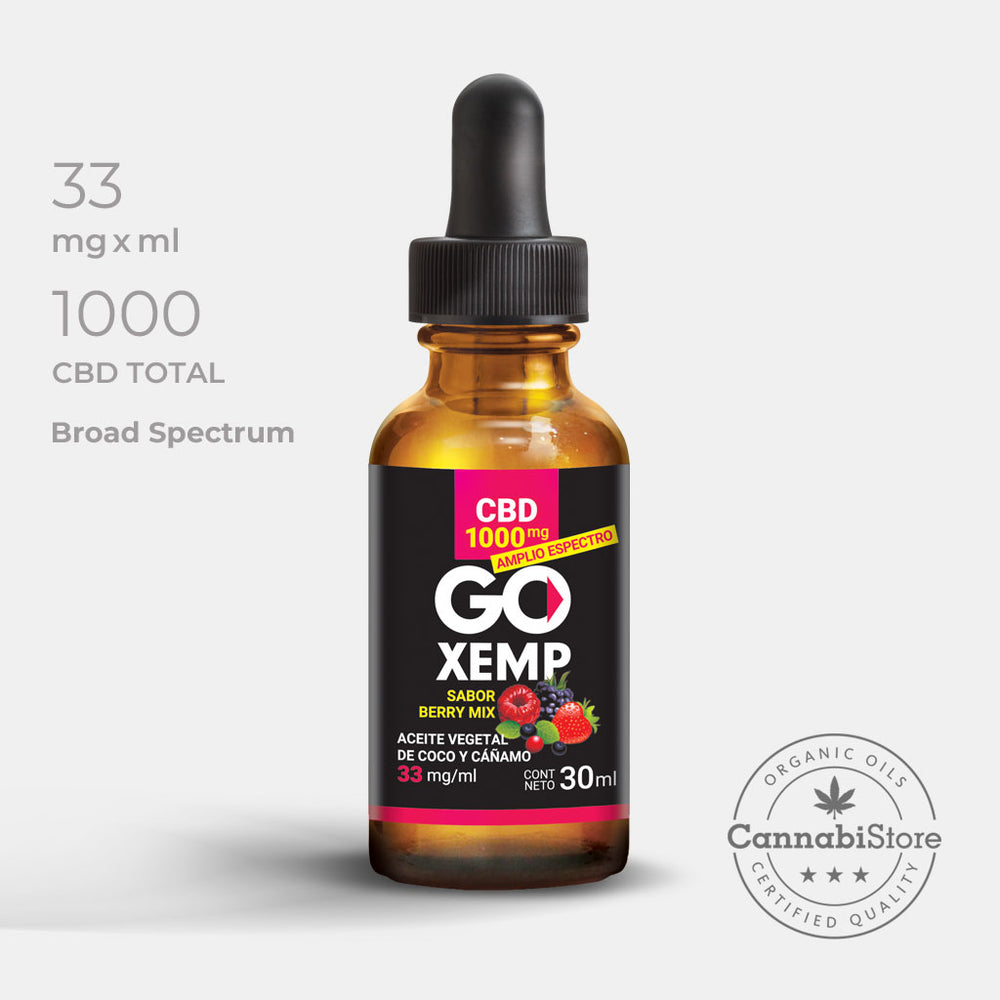 Gotas de CBD GoXemp Berry Mix 1000 | Broad Spectrum, muestra del frasco de producto en su presentación con gotero de 30ml y etiqueta comercial.