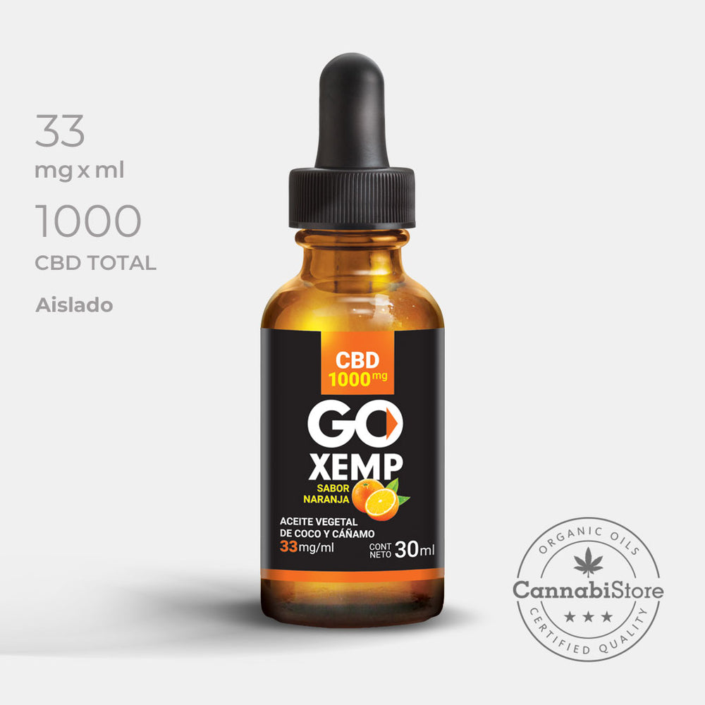 Gotas de CBD GoXemp Naranja 1000, muestra del frasco con producto y etiqueta de información.