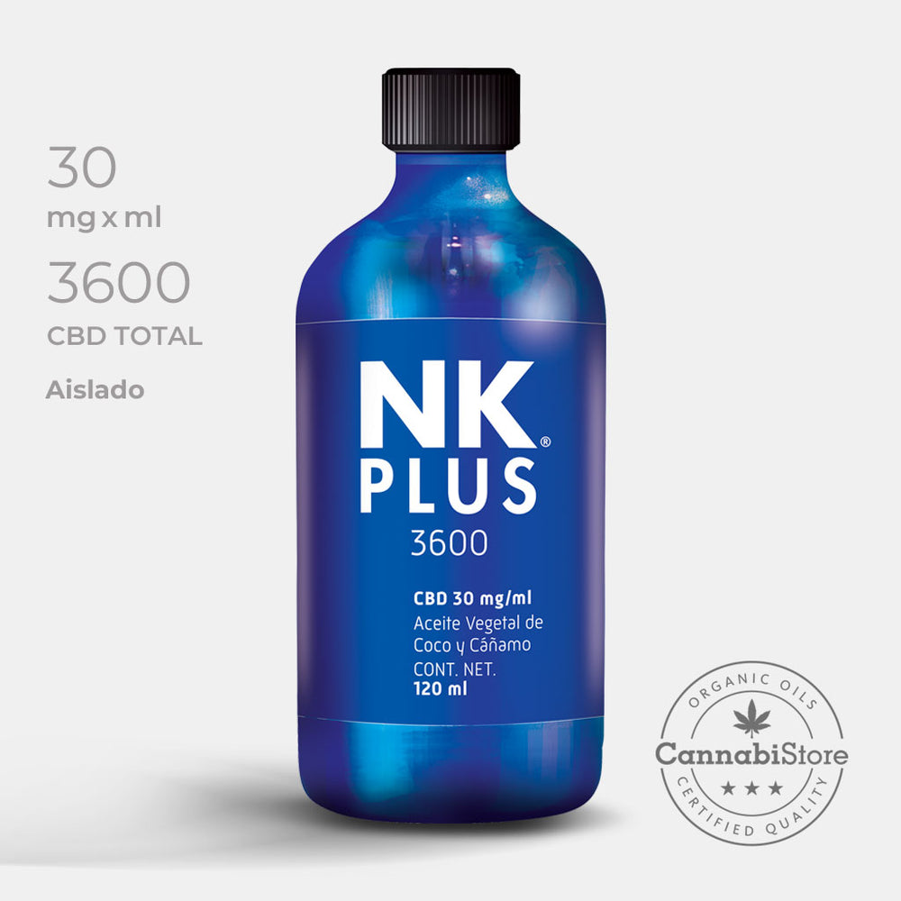 Gotas de CBD NK Plus 3600, botella de producto en una presentación de 120ml y etiqueta de autenticidad.