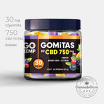 Gomitas de CBD GoXemp de 750 mg. en su presentación de tarro cristalino con 25 gomitas y etiqueta comercial.